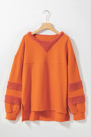 Carrot Fleece Patchwork Side Slits High Low Sweatshirt