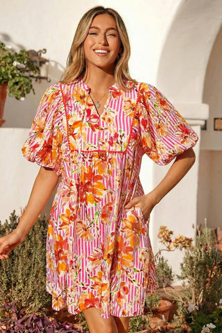 Pink Striped Floral Print Tie Neck Puff Sleeve Loose Mini Dress, Dear-Lover Dropshipping - A Blissfully Beautiful Boutique