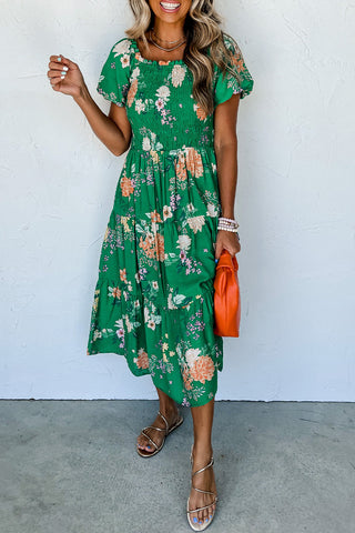 Green Floral Print Bubble Sleeve Smocked Tiered Midi Dress | A Blissfully Beautiful Boutique Green Floral Print Bubble Sleeve Smocked Tiered Midi Dress | A Blissfully Beautiful Boutique