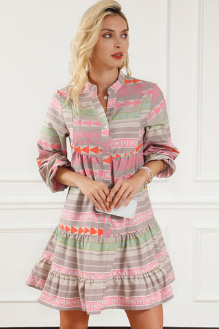 Multicolour Boho Print Puff Sleeve Buttoned Babydoll Dress