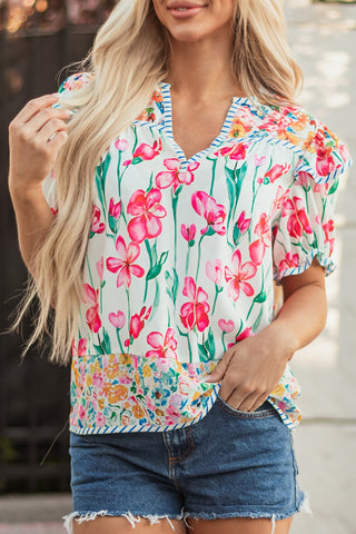Pink Floral Print Striped Detail Split Neck Short Sleeve Blouse, A Blissfully Beautiful Boutique - A Blissfully Beautiful Boutique