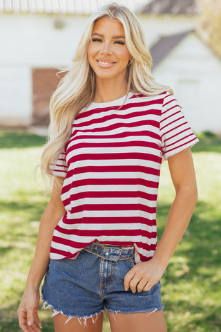 Red Stripe Patchwork Round Neck T Shirt, Dear-Lover Dropshipping - A Blissfully Beautiful Boutique