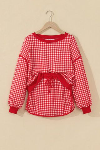 Red Gingham Oversized Ribbed Trim Crew Neck Long Sleeve Top and Skort Set