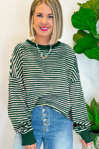 Green Stripe Loose Drop Shoulder Long Sleeve Top