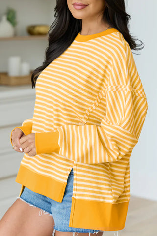 Pink Stripe Textured Knit Color Block Trim Split Hem Long Sleeve Top