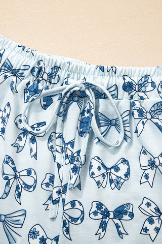 Sky Blue Bow Print Short Pajama Set, Dear-Lover Dropshipping - A Blissfully Beautiful Boutique