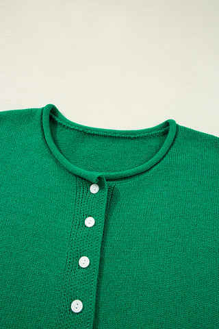 Bright Green Solid Color Knit Button Drop Shoulder Sweater Cardigan