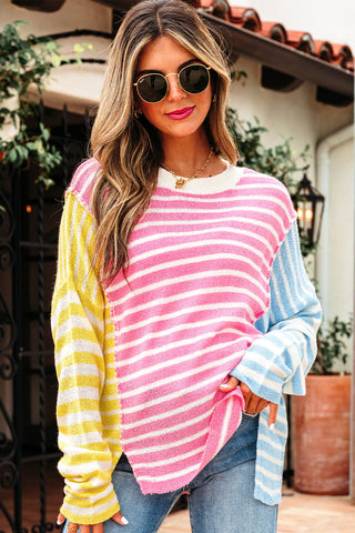 Multicolour Color Block Striped Patchwork Dolman Sleeve Slit Sweater, Dear-Lover Dropshipping - A Blissfully Beautiful Boutique