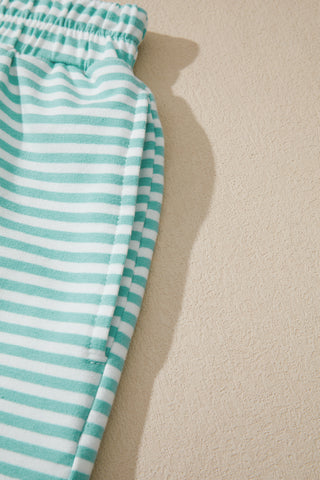 Green Stripe Cuffed Sleeve Contrast Mock Neck Tee Casual 2pcs Short Set, Dear-Lover Dropshipping - A Blissfully Beautiful Boutique