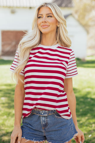 Red Stripe Patchwork Round Neck T Shirt, Dear-Lover Dropshipping - A Blissfully Beautiful Boutique