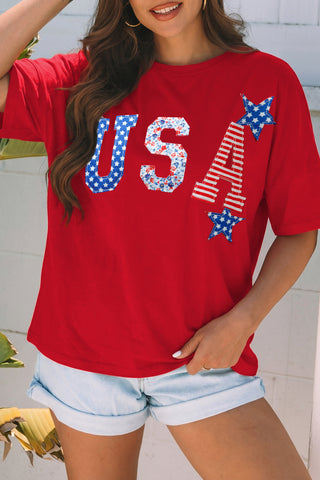 Fiery Red Patriotic USA Slogan Patch Embroidery Short Sleeve T Shirt, Dear-Lover Dropshipping - A Blissfully Beautiful Boutique