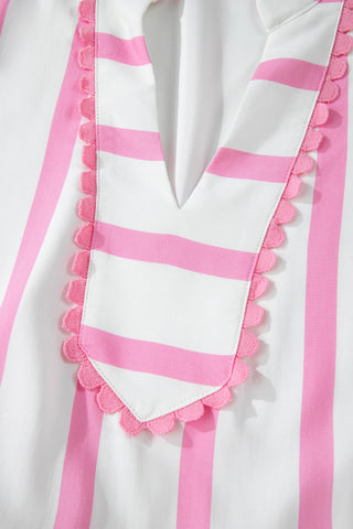 Pink Stripe Plus Size V Neck Short Puff Sleeve Tiered Maxi Dress, Dear-Lover Dropshipping - A Blissfully Beautiful Boutique