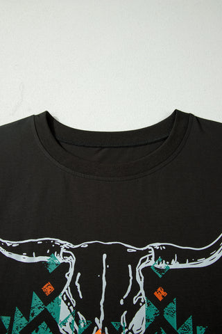 Carbon Grey Plus Size Western Aztec Bull Skull Printed T Shirt, Dear-Lover Dropshipping - A Blissfully Beautiful Boutique