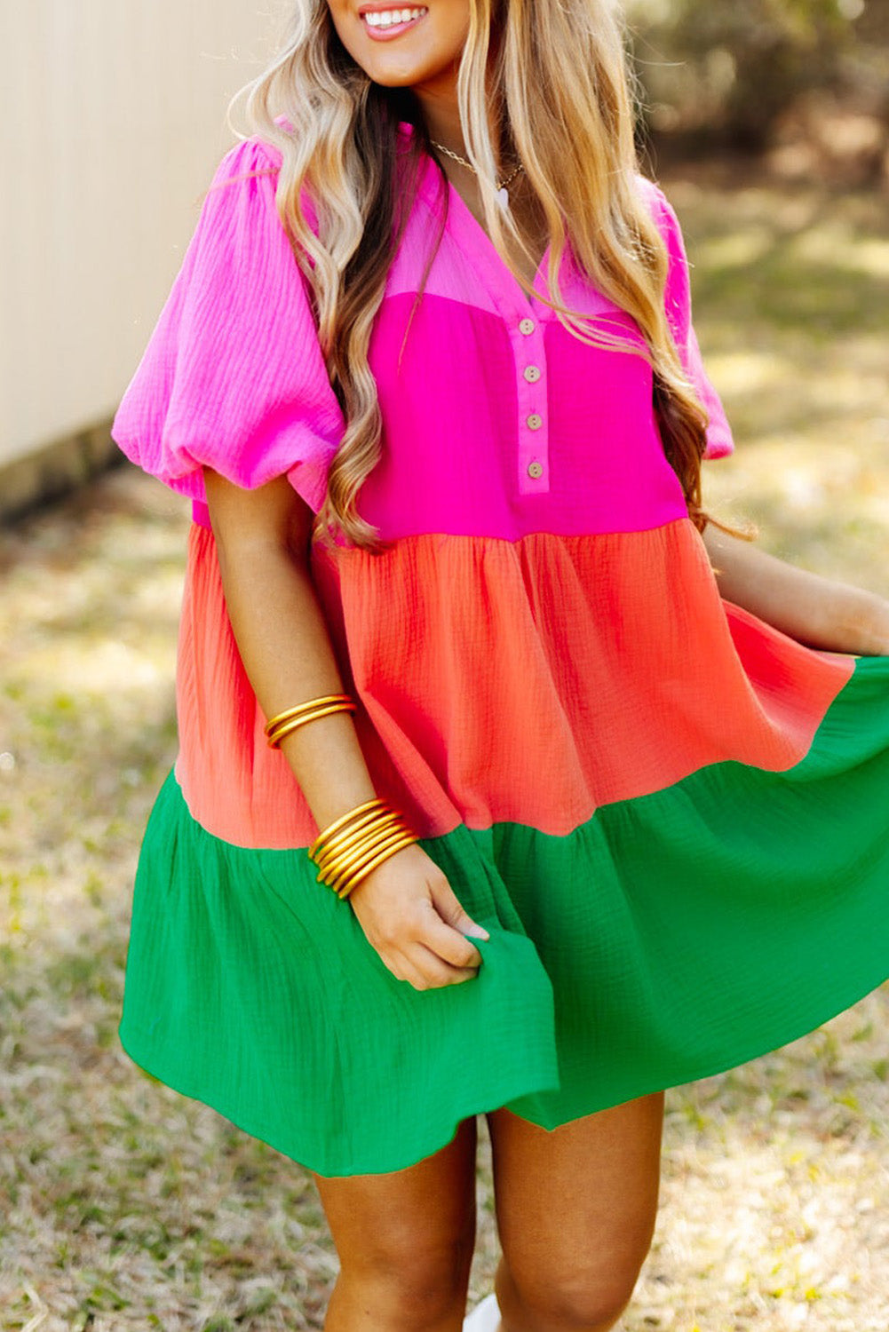 Multicolor Color Block Tiered Puff Sleeve Dress – A Blissfully