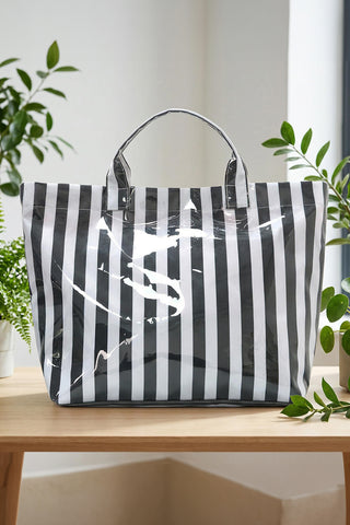 Color black Glossy Striped Vinyl Large Tote Bag, Dear-Lover Dropshipping - A Blissfully Beautiful Boutique