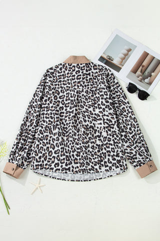 Multicolour Leopard Print Contrast Trim Button Split Neck Plus Long Sleeve Top, Dear-Lover Dropshipping - A Blissfully Beautiful Boutique