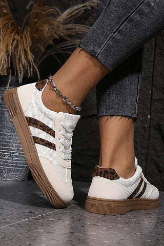 White Textured Woven PU Leather Leopard Patchwork Flat Sneakers, Dear-Lover Dropshipping - A Blissfully Beautiful Boutique
