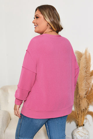 Bonbon Spiral Ribbed Exposed Seam Detail Plus Size Long Sleeve Top