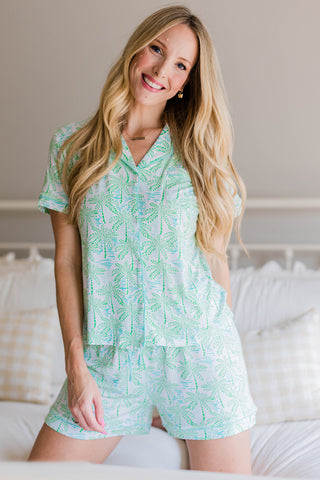 Green Vacation Coco Tree Print Short Sleeve Pajamas Set