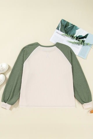 Mist Green Plus Size Waffled Color Block Long Sleeve Top, Dear-Lover Dropshipping - A Blissfully Beautiful Boutique