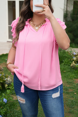 Bonbon Plus Size Textured Tassel Tie V Neck Ruffle Short Sleeve Blouse, Dear-Lover Dropshipping - A Blissfully Beautiful Boutique