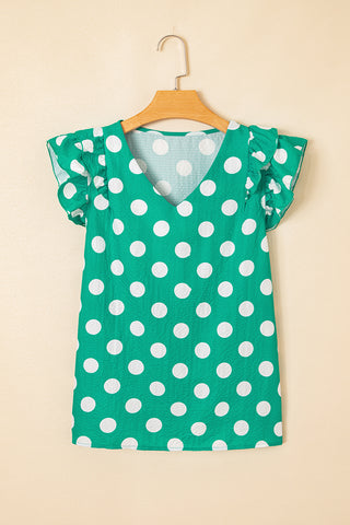 Green Polka Dot Print Ruffled Sleeve V Neck Blouse