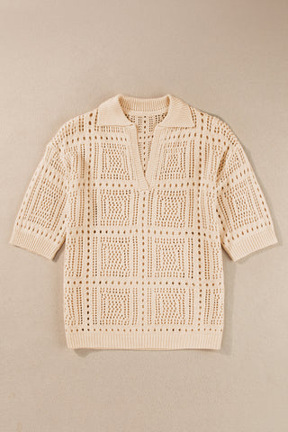 Apricot Turn-down Collar Hollowed Knit Short Sleeve Top