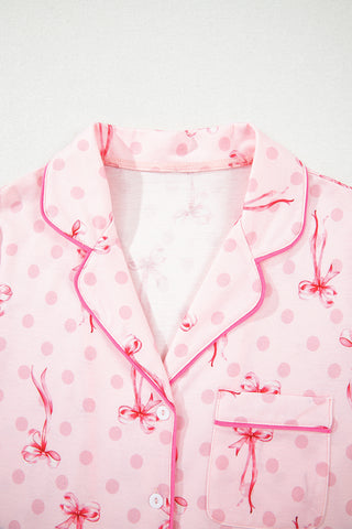 Pink Bow Print Contrast Pipping Short Pajamas Set, A Blissfully Beautiful Boutique - A Blissfully Beautiful Boutique