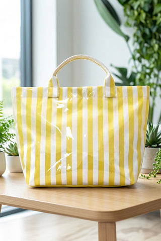 Yellow Cream Glossy Striped Vinyl Large Tote Bag, Dear-Lover Dropshipping - A Blissfully Beautiful Boutique
