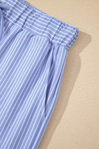 Sky Blue Stripe Dolman Sleeve Polo Shirt and Drawstring Shorts Set