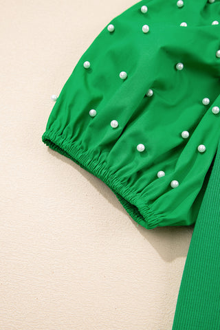 Bright Green Ribbed Pearl Beaded Puff Sleeve Top