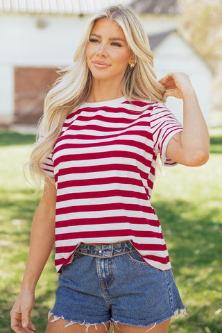 Red Stripe Patchwork Round Neck T Shirt, Dear-Lover Dropshipping - A Blissfully Beautiful Boutique