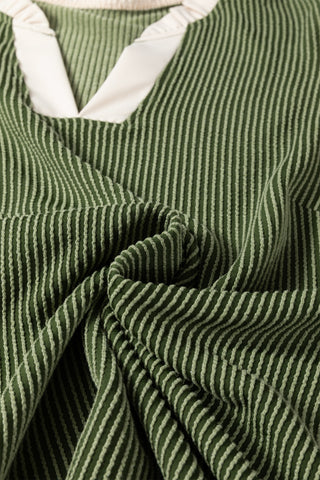 Vineyard Green Plus Size Contrast Frilled Neckline Ruffled Short Sleeve Ribbed Textured Blouse, Dear-Lover Dropshipping - A Blissfully Beautiful Boutique