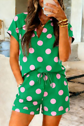 Green Polka Dot Print V Neck Tee Short Set, Dear-Lover Dropshipping - A Blissfully Beautiful Boutique