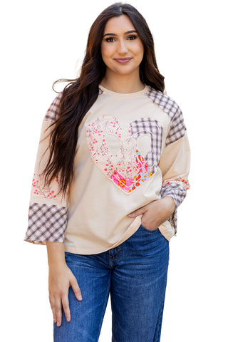 Beige Plaid Floral Peace Heart Graphic Wide Long Sleeve Top