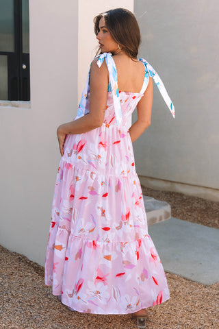 Pink Floral Print Knotted Shoulder Smocked Maxi Dress, A Blissfully Beautiful Boutique - A Blissfully Beautiful Boutique