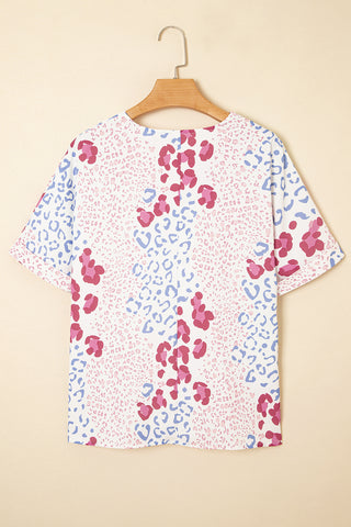 Pink Mixed Leopard Print V Neck Short Sleeve Blouse, A Blissfully Beautiful Boutique - A Blissfully Beautiful Boutique