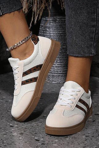 White Textured Woven PU Leather Leopard Patchwork Flat Sneakers, Dear-Lover Dropshipping - A Blissfully Beautiful Boutique
