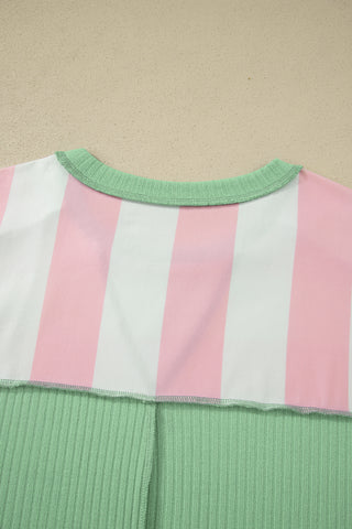 Pink Stripe Exposed Seam Ribbed Patchwork Oversized Tee, Dear-Lover Dropshipping - A Blissfully Beautiful Boutique