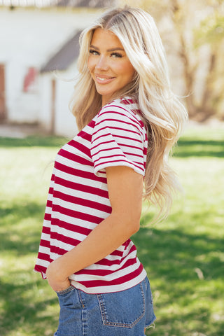 Red Stripe Patchwork Round Neck T Shirt, Dear-Lover Dropshipping - A Blissfully Beautiful Boutique
