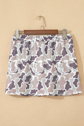 Khaki Abstract Camo Elastic Waist Drawstring Mini Skort, Dear-Lover Dropshipping - A Blissfully Beautiful Boutique