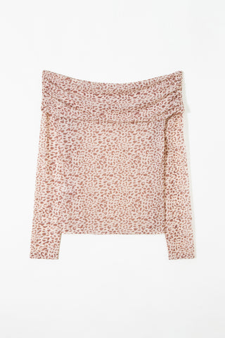 Brown Leopard Print Foldover Off Shoulder Long Sleeve Mesh Top