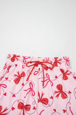 Red Romantic Bow Print Loose Tee Drawstring Shorts 2pcs Lounge Set, Dear-Lover Dropshipping - A Blissfully Beautiful Boutique
