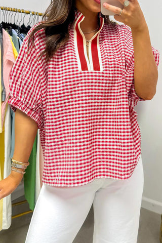 Red Plaid Short Sleeve Colorblock Trim Split Neck Blouse, Dear-Lover Dropshipping - A Blissfully Beautiful Boutique