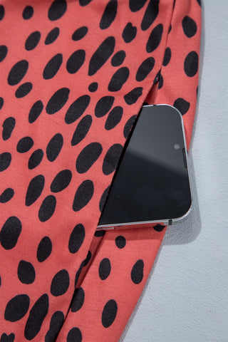 Red Leopard Print Long Sleeve V Neck Plus Size Midi Dress