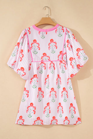 Pink Floral Striped Print Tie Notched Neck Puff Sleeve Flared Mini Dress