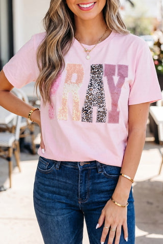 Pink PRAY Sequin Leopard Multiple Patched Graphic Tee, Dear-Lover Dropshipping - A Blissfully Beautiful Boutique