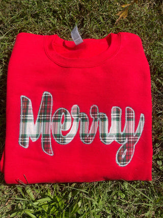 Merry Plaid Fabric Applique with Optional Side Bows Christmas Holiday Embroidered Sweatshirt, Merch Girls - A Blissfully Beautiful Boutique