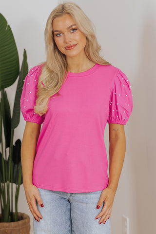 Bright Pink Ribbed Pearl Beaded Puff Sleeve Top