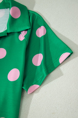 Green Polka Dot Print V Neck Tee Short Set